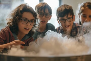 group of small children observing science experiments with clouds of smoke