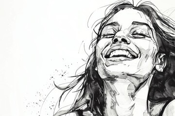 Canvas Print - Black and white drawing of a woman laughing, suitable for various design projects