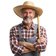© Mustafa - Cheerful elderly man in farmer attire poses with a shovel against a transparent background