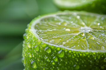 Macro shot of a lime slice, with water droplets and a vivid green background, used in citrus liqueurs,