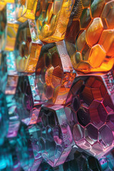 Poster - Artistic representation of a beehive, with hexagonal cells morphing into a kaleidoscope of colors,