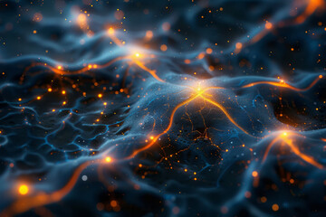 Poster - dynamic illustration of a fungal network underground, depicted as a network of glowing lines and nod