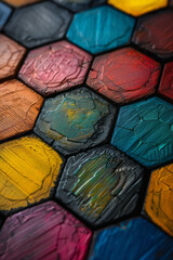 Poster - Artistic representation of a beehive, with hexagonal cells morphing into a kaleidoscope of colors,