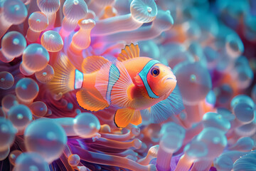 Poster - Surreal artwork depicting the symbiotic relationship between clownfish and sea anemones, transformed into an abstract dance of forms,