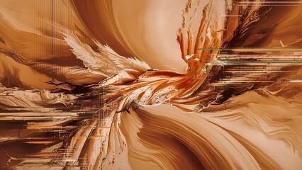 Wall Mural -  An abstract background that combines elements of traditional oil painting with the digital aesthetics of glitch art, orange and beige colors.