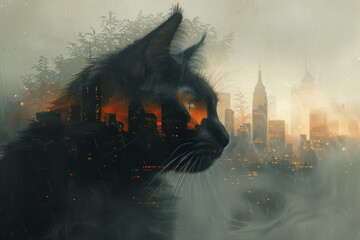 Wall Mural - Illustration of a cat whose whiskers turn into cityscape silhouettes, blending urban and animal elements,