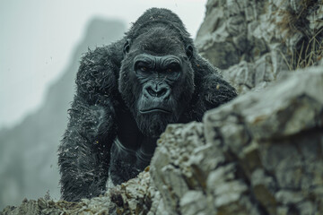 Poster - Conceptual artwork of a gorilla with its back morphing into a rocky cliff, symbolizing strength and stability,