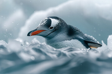 Poster - Artistic rendering of a penguin whose body blends into Antarctic ice, merging seamlessly with its environment,