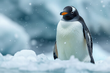 Poster - Artistic rendering of a penguin whose body blends into Antarctic ice, merging seamlessly with its environment,