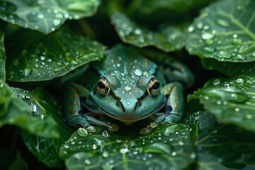 Poster - A frog with skin that morphs into a mosaic of rainforest foliage, camouflaging within the leaves,