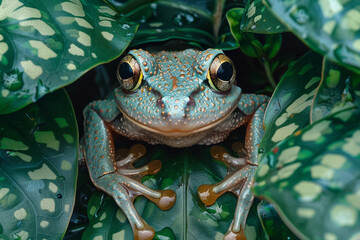 Poster - A frog with skin that morphs into a mosaic of rainforest foliage, camouflaging within the leaves,