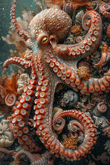 Poster - Visualization of an octopus with tentacles that become oceanic currents, swirling around sea treasures,