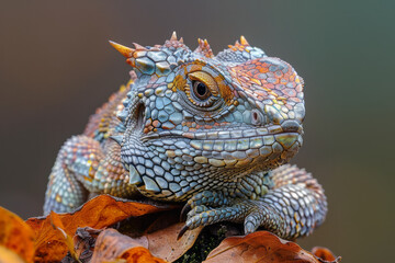Poster - Reptile with a body covered in sharp geometric scales, creating a mesmerizing mosaic as it moves,