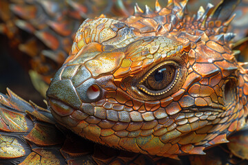 Poster - Reptile with a body covered in sharp geometric scales, creating a mesmerizing mosaic as it moves,