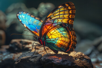 Wall Mural - Flying species with wings like stained glass, each section a different vibrant color,