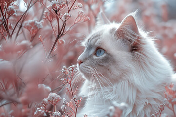 Aufkleber - Feline with thick, curly fur in pastel shades, adapted to blend into a world of soft-hued foliage,