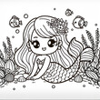Coloring page with cute mermaid girl. Outline illustration. Black and white illustration for a coloring book.	
