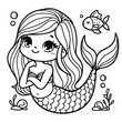 Coloring page with cute mermaid girl. Outline illustration. Black and white illustration for a coloring book.	
