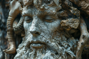 Aufkleber - Visualization of a faun, with its goat features abstracted into rocky and woody textures,