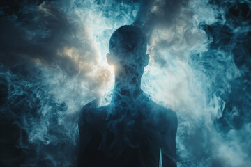 Poster - Abstract visualization of a human silhouette evolving into a burst of light, symbolizing spiritual awakening,