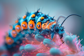 Poster - Artistic representation of a caterpillar's transformation into a butterfly, depicted with vibrant, fluid colors.