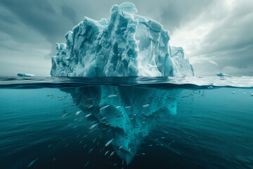 Poster - Abstract portrayal of an iceberg melting into a school of fish, symbolizing transformation and adaptability,