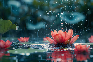 Leinwandbilder - Artistic depiction of a raindrop falling into a pond, with the splash transitioning into a floral bloom,