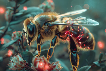 Aufkleber - Bees with enhanced pollination abilities, equipped with tiny sensors to monitor plant health and environmental conditions,
