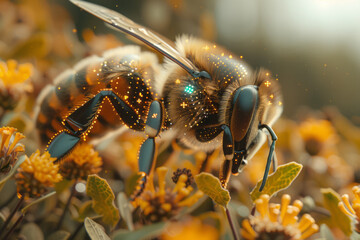 Poster - Bees with enhanced pollination abilities, equipped with tiny sensors to monitor plant health and environmental conditions,
