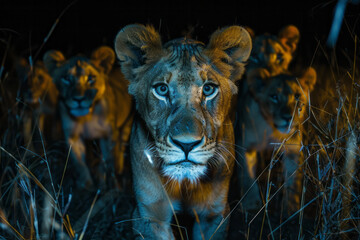 Poster - Lions with night vision and enhanced hearing, patrolling wildlife reserves to protect against poachers,