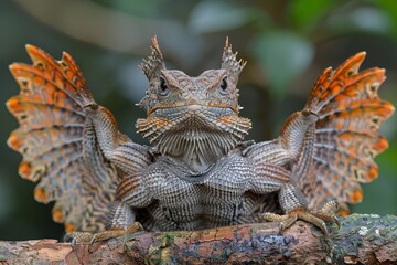 Frilled-neck Lizard: Extending frill while perched on branch, depicting defensive behavior.