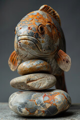 Poster - Conceptual art of a fish-like being, crafted from river stones and flowing water patterns,