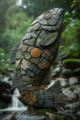Poster - Conceptual art of a fish-like being, crafted from river stones and flowing water patterns,