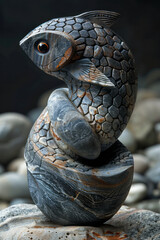 Poster - Conceptual art of a fish-like being, crafted from river stones and flowing water patterns,