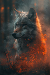 Poster - A mythical wolf, its fur a mix of ashes and embers, prowling the boundary between fire and earth,