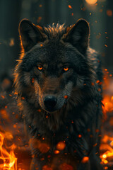 Poster - A mythical wolf, its fur a mix of ashes and embers, prowling the boundary between fire and earth,