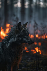 Poster - A mythical wolf, its fur a mix of ashes and embers, prowling the boundary between fire and earth,