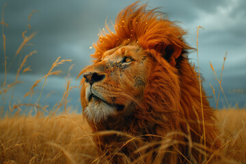 Aufkleber - A lion whose mane flows like a flame, symbolizing courage and the fiery spirit of leadership,
