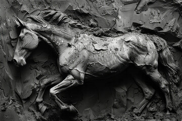 Aufkleber - Abstract portrayal of a horse, its body formed from wind-blown sand and dry leaves,