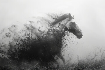 Poster - Abstract portrayal of a horse, its body formed from wind-blown sand and dry leaves,