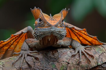 Frilled-neck Lizard: Extending frill while perched on branch, depicting defensive behavior.