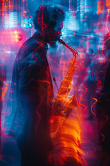 Poster - Abstract representation of a jazz session, with vibrant splashes of neon colors blending smoothly to capture the improvisational nature of the genre,