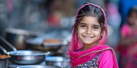 Wall Mural - Indian Girl Volunteering at a Langar on Baisakhi: Embracing the Spirit of Mutual Aid. Concept Cultural Celebration, Volunteerism, Community Service, Indian Traditions, Baisakhi Festival