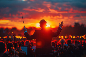 Poster - Gradient of sunset colors, with abstract silhouettes of conductors hands guiding the musics flow,