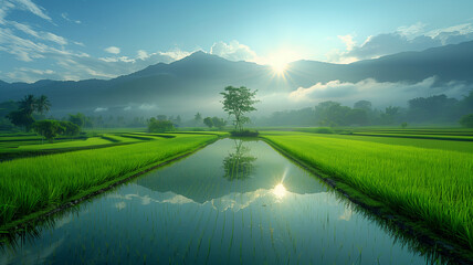 Wall Mural - landscape with river and mountains