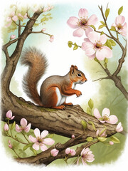 Sticker - Squirrel on a dogwood tree with blossom at spring.