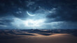 Sand dunes under moon and star filled sky with clouds, night dramatic desert landscape