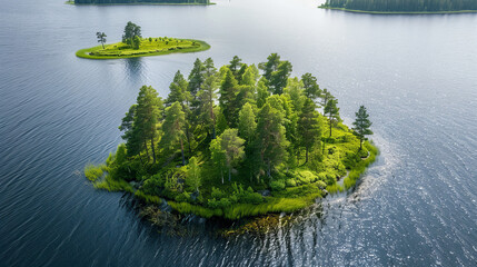 Travel and vacation - a green and peaceful landscape. A small island with trees surrounded by water. The island looks like a cut out from the ground.