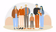 Illustration of a multi-generational family standing together, depicted in a flat, modern style. The family includes grandparents, parents