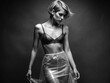 young Woman with short hair in transparent skirt and bra. Beautiful Sexy Girl black and white portrait